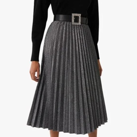a new day Dresses & Skirts - A New Day Black and Silver Metallic Pleated Midi Skirt Size M